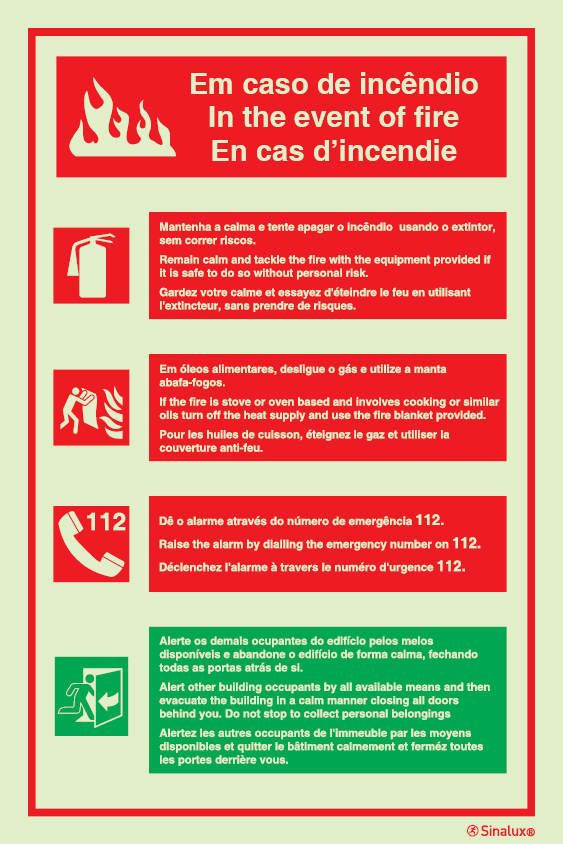 Sinal de procedimentos de segurança, Em caso de incêndio | In the event of fire | En cas d´incendie