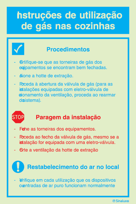 Sinal de instruções de utilização de gás nas cozinhas