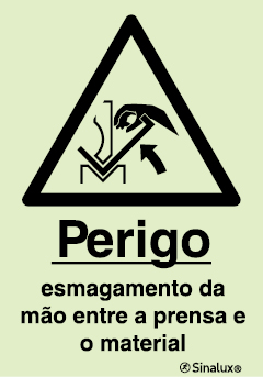 Sinal de perigo, esmagamento da mão entre a prensa e o material