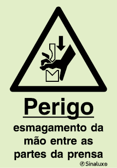 Sinal de perigo, esmagamento da mão entre partes da prensa