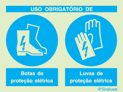 Sinal composto duplo, uso obrigatório de botas de proteção elétrica e luvas de proteção elétrica