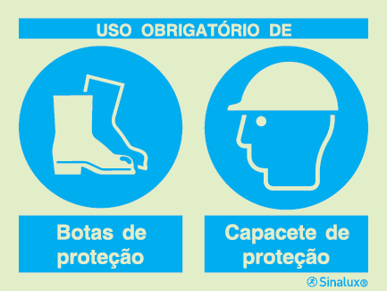 Sinal composto duplo, uso obrigatório de botas de proteção e capacete de proteção