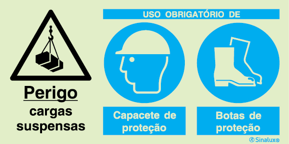 Sinal composto triplo, perigo cargas suspensas, uso obrigatório de capacete de proteção e botas de proteção