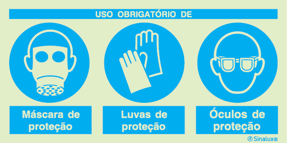 Sinal composto triplo, uso obrigatório de máscara de proteção, luvas de proteção e óculos de proteção