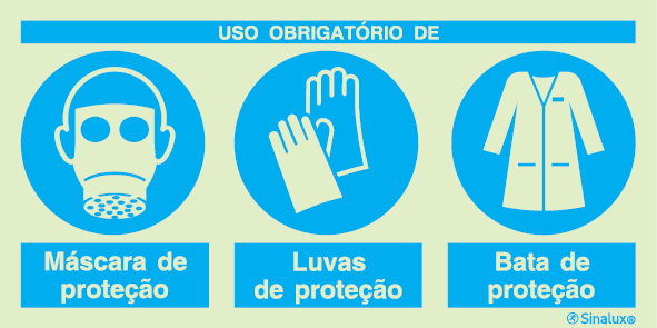 Sinal composto triplo, uso obrigatório de máscara de proteção, luvas de proteção e bata de proteção