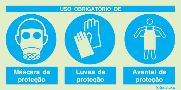 Sinal composto triplo, uso obrigatório de máscara de proteção, luvas de proteção e avental de proteção