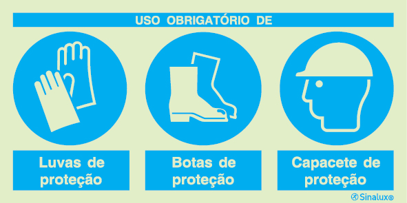 Sinal composto triplo, uso obrigatório de luvas de proteção, botas de proteção e capacete de proteção