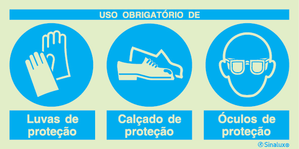 Sinal composto triplo, uso obrigatório de luvas de proteção, calçado de proteção e óculos de proteção