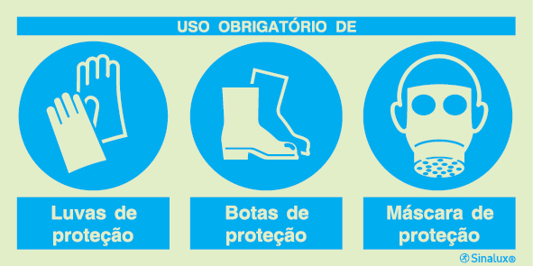 Sinal composto triplo, uso obrigatório de luvas de proteção, botas de proteção e máscara de proteção