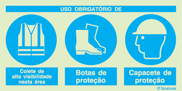 Sinal composto triplo, uso obrigatório de colete de alta visibilidade nesta área, botas de proteção e capacete de proteção