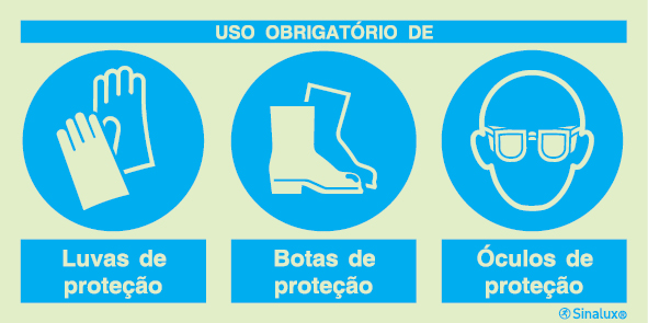 Sinal composto triplo, uso obrigatório de luvas de proteção, botas de proteção e óculos de proteção