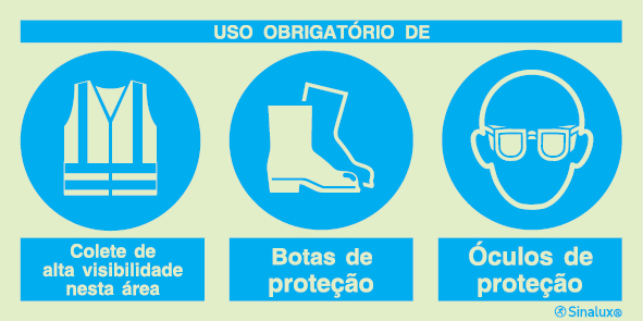 Sinal composto triplo, uso obrigatório de colete de alta visibilidade nesta área, botas de proteção e óculos de proteção