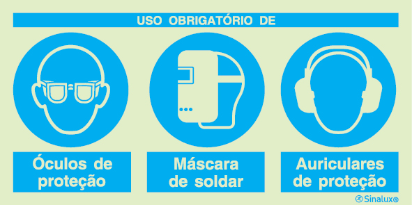 Sinal composto triplo, uso obrigatório de óculos de proteção, máscara de soldar e auriculares de proteção