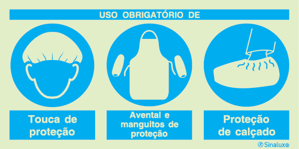 Sinal composto triplo, uso obrigatório de touca de proteção, avental e manguitos de proteção e proteção de calçado