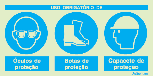 Sinal composto triplo, uso obrigatório de óculos de proteção, botas de proteção e capacete de proteção