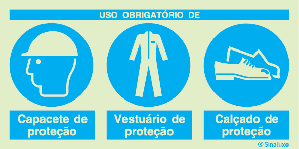 Sinal composto triplo, uso obrigatório de capacete de proteção, vestuário de proteção e calçado de proteção