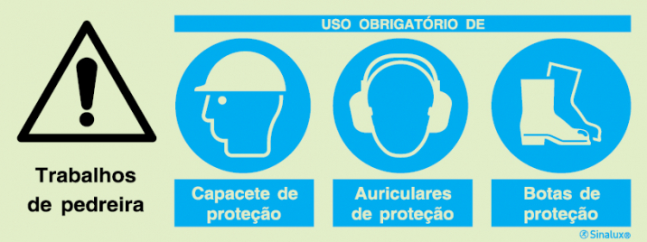 Sinal composto quádruplo, perigo trabalhos de pedreira e uso obrigatório de capacete de proteção, auriculares de proteção e botas de proteção