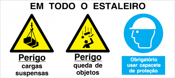 Sinal para estaleiros, Perigo de cargas suspensas e queda de objetos e obrigatório uso de capacete em todo o estaleiro