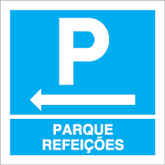 Sinal para parques de estacionamento, informação, Parque de de refeições à esquerda