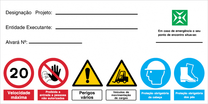 Sinal para parques eólicos, composto, informações de segurança e do projeto em curso