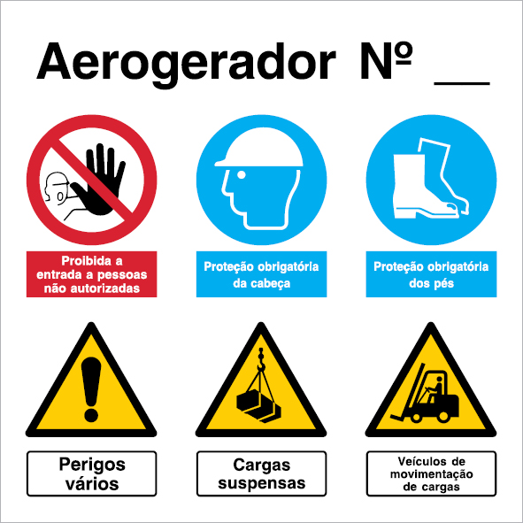 Sinal para parques eólicos, composto, numeração do aerogerador e indicações de segurança