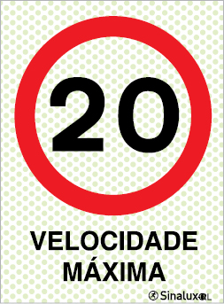 Sinal refletoluminescente para parques de estacionamento, proibição, velocidade máxima de 20 km/h