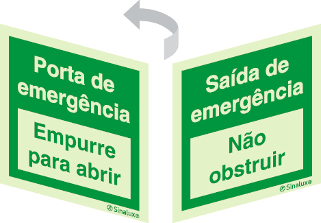 Sinal 2 faces para portas de vidro, Porta de emergência, empurre para abrir e Saída de emergência, não obstruir