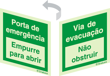 Sinal 2 faces para portas de vidro, Porta de emergência, empurre para abrir e Via de evacuação, não obstruir