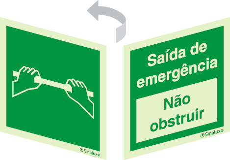 Sinal 2 faces para portas de vidro, Saída de emergência apoiar sobre a barra para abrir e Saída de emergência, não obstruir