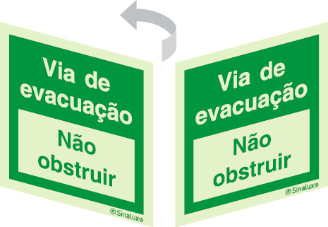 Sinal 2 faces para portas de vidro, Via de evacuação, não obstruir e Via de evacuação, não obstruir