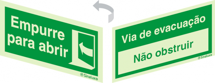 Sinal 2 faces para portas de vidro, Sinal de empurre para abrir e Via de evacuação não obstruir