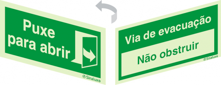 Sinal 2 faces para portas de vidro, Sinal de puxe para abrir e Via de evacuação não obstruir