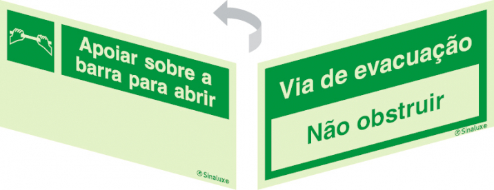 Sinal 2 faces para portas de vidro, Apoiar sobre a barra para abrir e Via de evacuação, não obstruir