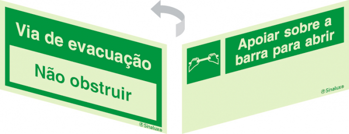 Sinal 2 faces para portas de vidro, Via de evacuação, não obstruir e Apoiar sobre a barra para abrir