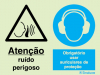 Sinal composto duplo, atenção ruído perigoso e obrigatório usar auriculares de proteção