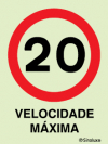 Sinal para parques de estacionamento, proibição, velocidade máxima de 20 km/h