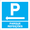 Sinal para parques de estacionamento, informação, Parque de de refeições à esquerda