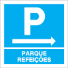 Sinal para parques de estacionamento, informação, Parque de de refeições à direita